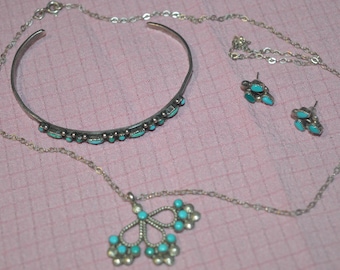 Parure de bijoux petite pointe turquoise Zuni : collier, bracelet et boucles d'oreilles en argent sterling
