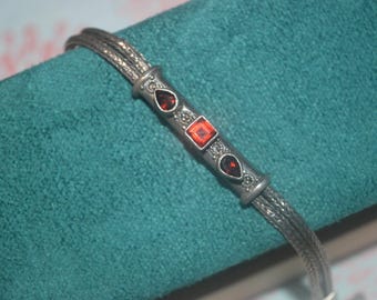 Vintage Garnet Byzantine Sterling Silver Bracelet, Double Wheat Chain, 925 Jewelry,