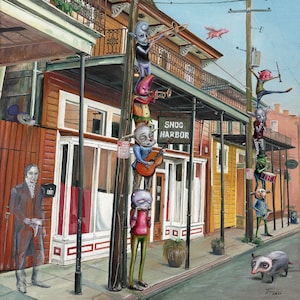 May include: A whimsical painting of a street scene with a wooden pole with several figures on it. The figures are playing musical instruments. The pole is in front of a building with a sign that reads "Snug Harbor".