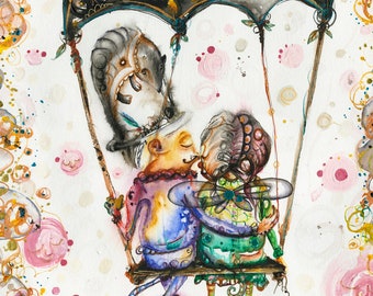 May include: A watercolour painting depicting two whimsical figures on a swing, suspended from a black and gold parachute. The figures are kissing, surrounded by colourful dots and swirls. The background is a white canvas with a hint of pink.