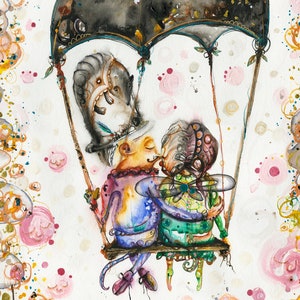 May include: A watercolour painting depicting two whimsical figures on a swing, suspended from a black and gold parachute. The figures are kissing, surrounded by colourful dots and swirls. The background is a white canvas with a hint of pink.