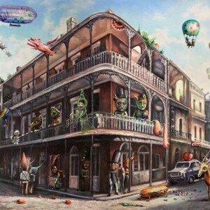 May include: A colourful painting of a street scene with a multi-storey building with balconies, a hot dog on the ground, a car, and a hot air balloon in the sky.