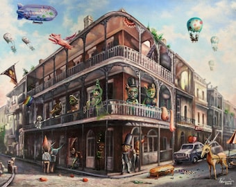 May include: A colourful painting of a street scene with a multi-storey building with balconies, a hot dog on the ground, a car, and a hot air balloon in the sky.