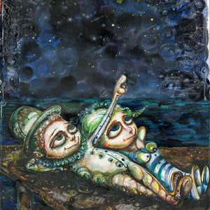 May include: Two whimsical figures with large eyes and colourful clothing lie on a wooden surface, gazing up at a starry night sky. The figures are painted in a cartoon style with vibrant colours and intricate details.