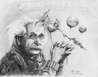 May include: A black and white pencil drawing of Albert Einstein with a unicorn horn and three balloons. The balloons have faces and the text "3 x 2" and "Feelings" written on them.