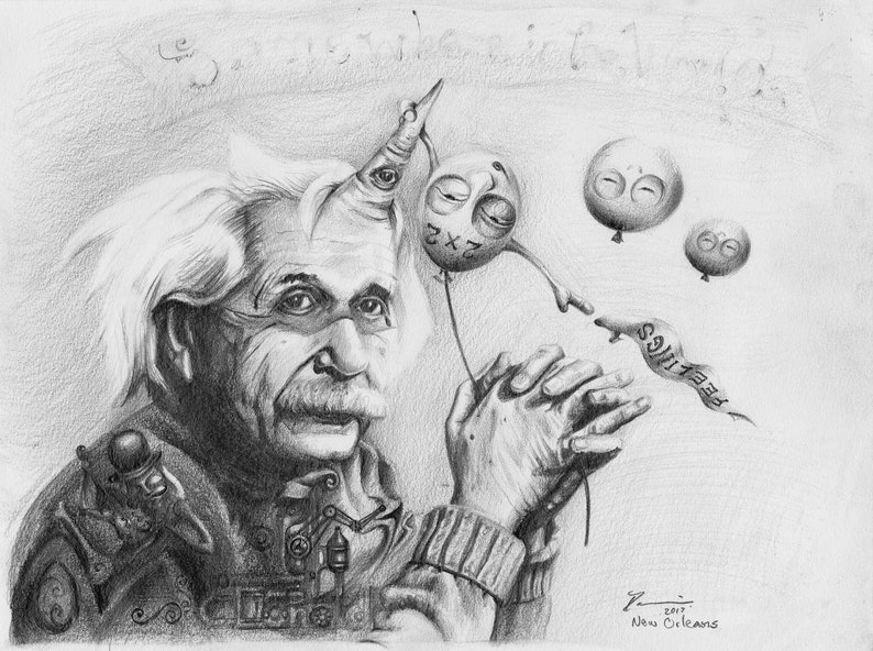 May include: A black and white pencil drawing of Albert Einstein with a unicorn horn and three balloons. The balloons have faces and the text "3 x 2" and "Feelings" written on them.