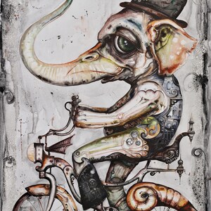May include: A whimsical watercolour painting of an elephant wearing a top hat and riding a vintage bicycle with intricate details. The elephant has a long trunk and large, expressive eyes. The bicycle has a large front wheel and a smaller back wheel, both with spokes. The background is a textured, grey surface.