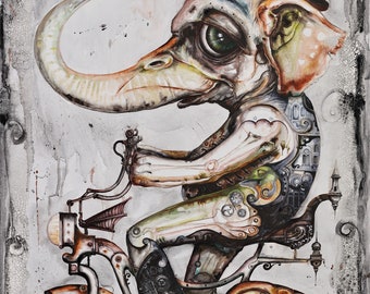 May include: A whimsical watercolour painting of an elephant wearing a top hat and riding a vintage bicycle with intricate details. The elephant has a long trunk and large, expressive eyes. The bicycle has a large front wheel and a smaller back wheel, both with spokes. The background is a textured, grey surface.