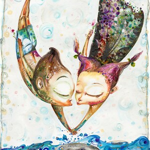 May include: A watercolour painting of two figures, a boy and a girl, falling headfirst into the water. They are holding hands and their eyes are closed. The water is blue and green with white bubbles. There is a black inner tube floating in the water.