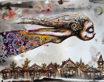 May include: Watercolour painting of a woman with flowing hair and a colourful patterned dress flying through the air. The woman is looking down at a row of houses in the distance. The sky is a light grey with a crescent moon in the top right corner.