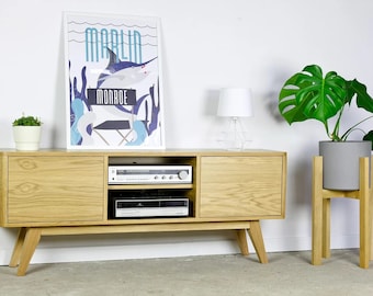 TV-Ständer, Stereo- und Medienkonsole, TV-Set Offene Regale Lagerung, Vinyl, Mid-Century Retro Skandinavisch, Eichen-Sideboard
