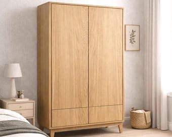 Eiken kledingkast met lades, minimalistische Scandinavische kast, moderne kast uit het midden van de eeuw, handgemaakte houten opbergkast