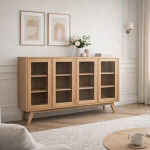Oak Glass Showcase, Glass Door Sideboard , Round Corners, Vitrine aus Glas 180cm