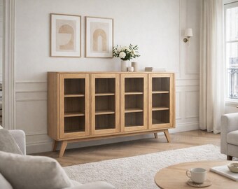 Oak Glass Showcase, Glass Door Sideboard , Round Corners, Vitrine aus Glas 180cm