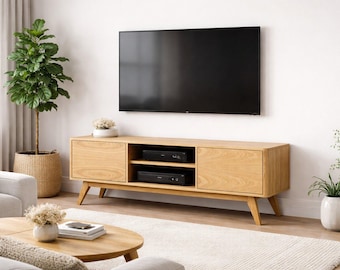 Mid-century Media Console with Open Shelves, Handmade TV Stand 180cm long