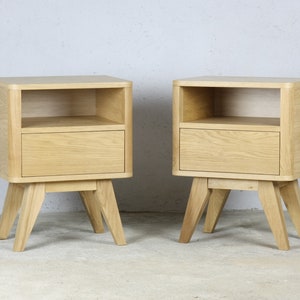 Oak wood Nightstand, Nightstand with Drawer, Midcentury modern bed side table zdjęcie 4