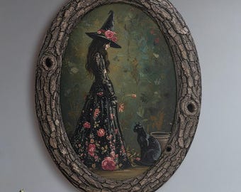 魔女の壁アート、ゴシック魔女の装飾、魔女と黒猫のアート、魔女の美的アート、ハロウィン魔女のポスター、ダークフェミニンな壁アート、神秘的な装飾