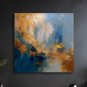 Peinture à l&#39;huile d&#39;art abstrait bleu et or, impression abstraite bleu et or, art de toile d&#39;or, art de mur de peinture de feuille d&#39;or, peinture acrylique minimaliste
