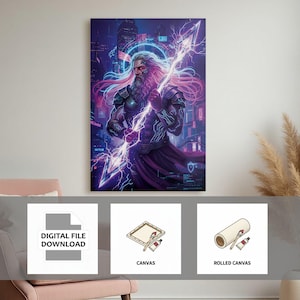 May include: A canvas print featuring a digital art illustration of a bearded figure holding a glowing spear, set against a futuristic cityscape with neon lights. The artwork is displayed on a wall, with options for digital file download, canvas, and rolled canvas.