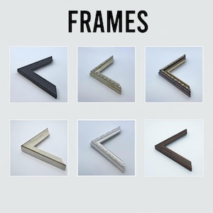 Può includere: La parola FRAMES è visualizzata in lettere nere in grassetto nella parte superiore dell'immagine. Sotto, sono mostrati sei diversi campioni di angoli di cornici. Le cornici variano per colore e stile, tra cui nero, oro, argento e tonalità legno. Gli angoli sono disposti in una griglia.