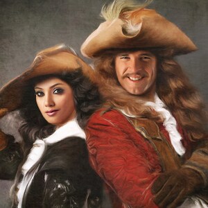 Retrato de pareja personalizado de la foto, pintura de retrato personalizado, retrato pirata, pintura familiar, retrato de la foto dibujada a mano, regalo de inauguración de la casa