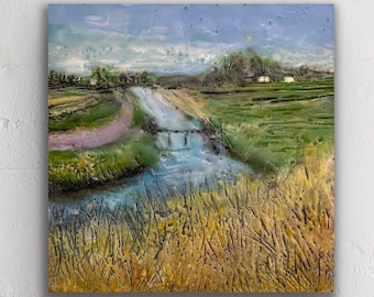Original encaustic titled "Farmland waterways”/ Artist Michele Bruchet