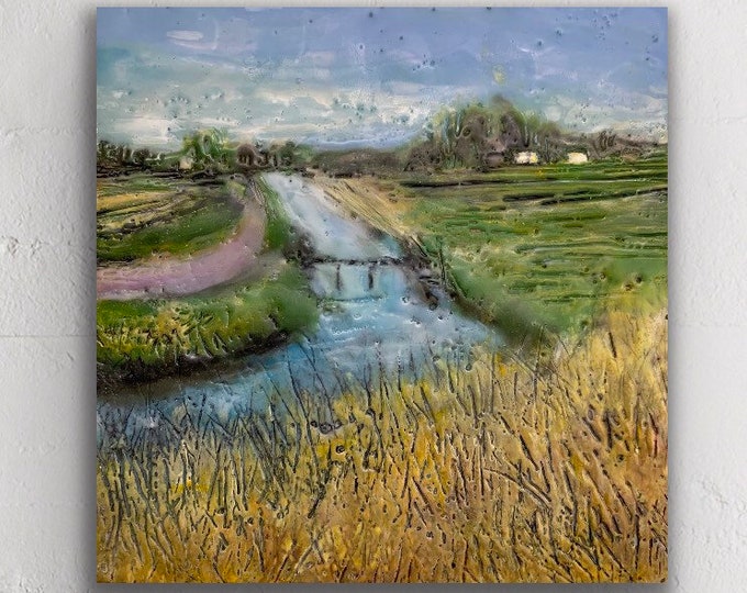 Original encaustic titled "Farmland waterways”/ Artist Michele Bruchet