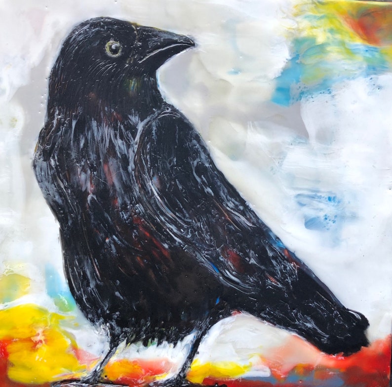 Encaustic Bird painting Mischievous Artist Michele Bruchet