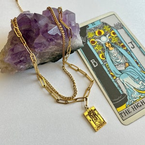 High Priestess Tarot Card Necklace: Stainless Steel Charm, Two Chains (Digital Tarot Reading)
