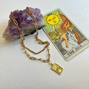 Sunbeam Necklace, Sun Tarot Card Necklace, DaintySun Face Pendant Necklace, Wacky Sun Burst Necklace, Rectangular Symbolic Everyday Jewelry