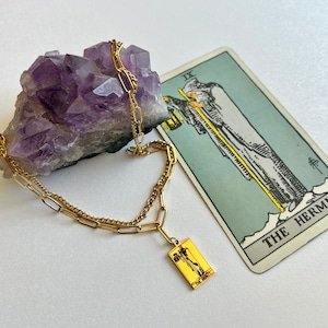 The Hermit Tarot Card Necklace: Stainless Steel, Two Chains (Digital Tarot Reading)