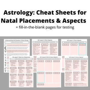 Hojas de trucos de astrología, comprensión de las ubicaciones natales y aspectos de los planetas / 18 páginas / Sol / Luna / Venus / Plutón / Urano / Neptuno / Marte