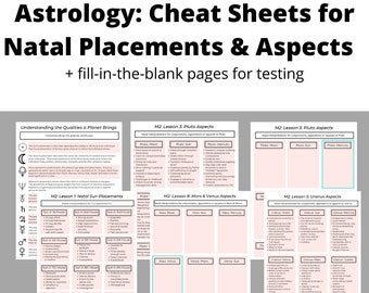Astrology Cheat Sheets, Understanding Natal Placements and Planet Aspects | 18 pages | Sun | Moon | Venus | Pluto | Uranus | Neptune | Mars