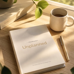 May include: A white hardback notebook with the text TO DO LIST Unplanned and For brains that don't do straight lines printed on the front cover. The notebook is accompanied by a matching white pen, a ceramic mug, and a book titled SLOW LIVING.