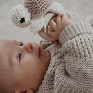 May include: A cream and tan crocheted turtle baby rattle. The turtle features a round head and shell, with a wooden ring. The rattle is designed for infants and toddlers.