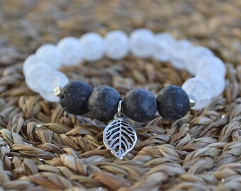 Black Lava Essential Oil Diffuser Bracelet | White Matte Quartz Crystals | Aromatherapy | Leaf Charm