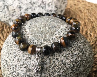 Blue Tiger Eye Bracelet with Pine Cone Charm