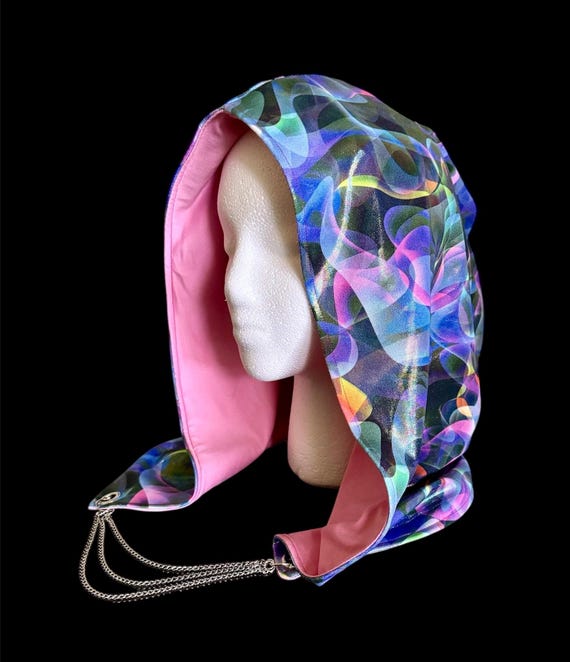 Handmade Iridescent Reversible Festival Hood Reversible Silver Holographic Festival Hood With Black  main image 2
