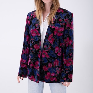 90's printed velvet collarless blazer