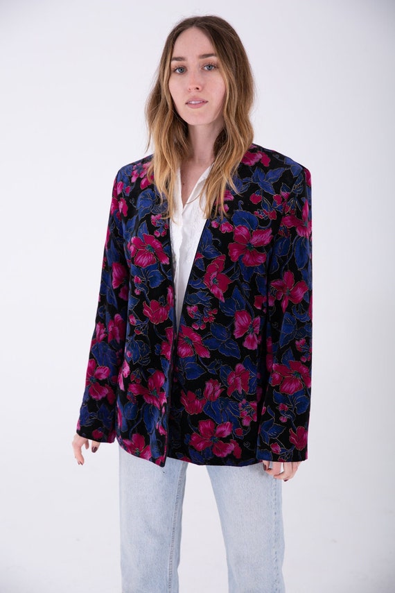 90's printed velvet collarless blazer