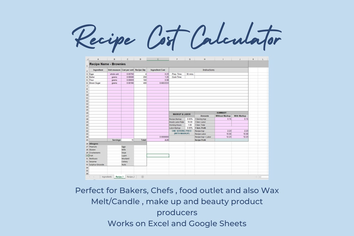 Recipe cost calculator cake pricing Recipe costing spreadsheet Etsy