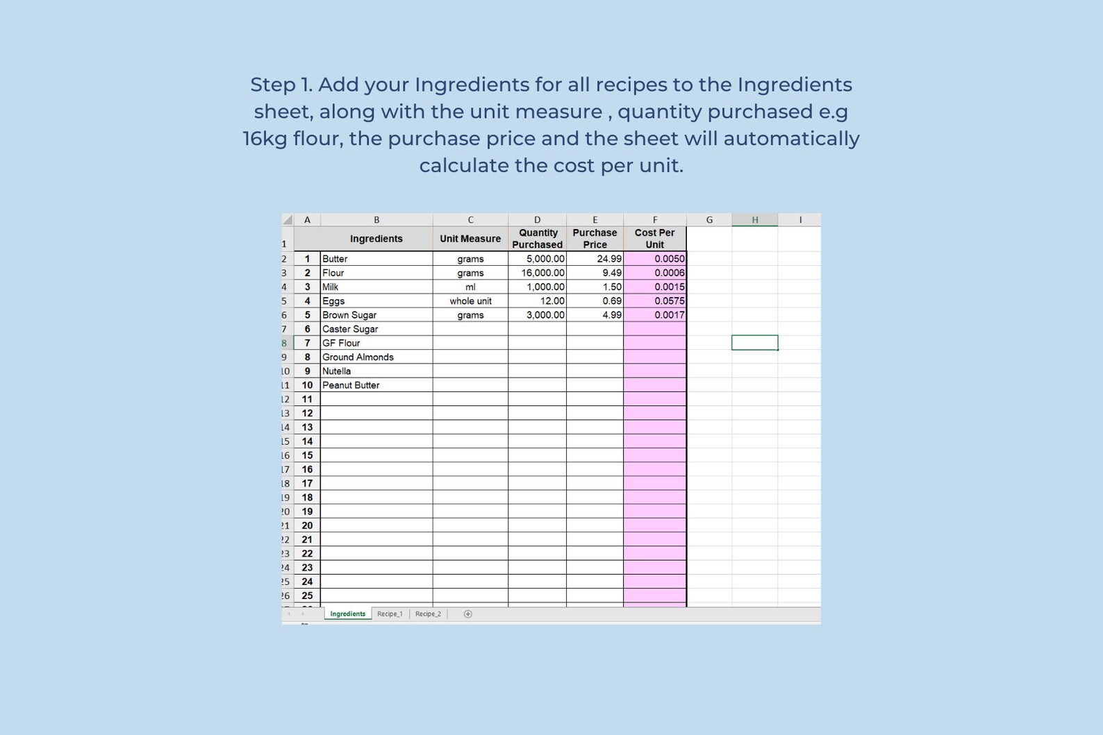 Recipe cost calculator cake pricing Recipe costing spreadsheet Etsy