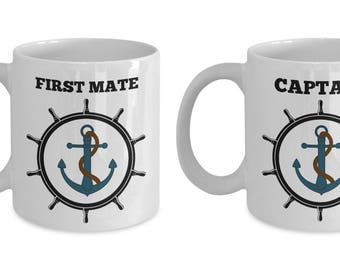 Nautical Couple Mug Set, Captain Mug, First Mate Mug, Couples Sailing Coffee, Tea Cups with Anchor Gift