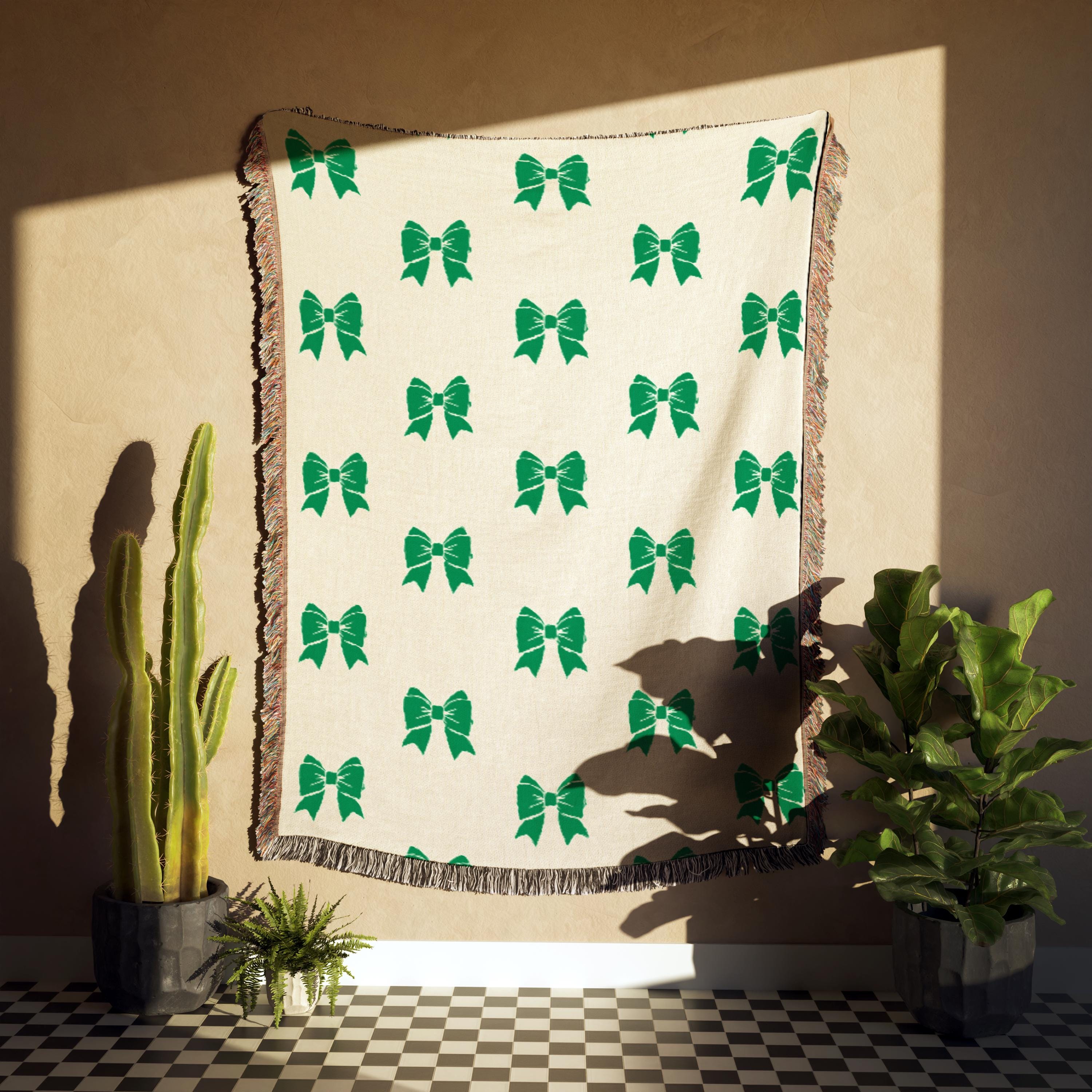 Green Bow Coquette Woven Blanket - Floral Throw, Home Decor, Vintage Style, Cozy Lap Cover, Gift for Her