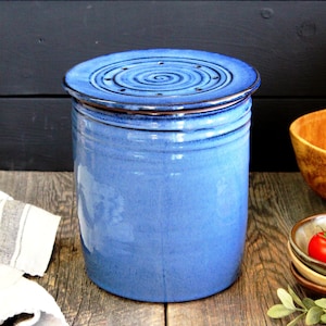 Puede incluir: Un contenedor de compost de cer&aacute;mica azul con una tapa que presenta un dise&ntilde;o en espiral y agujeros de drenaje. El contenedor est&aacute; sobre una superficie de madera.