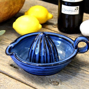 May include: A blue ceramic citrus juicer with a ribbed design and a handle. The juicer is on a wooden surface with lemons, tomatoes, and garlic.