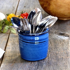Utensil holder – Pottery small straight utensil holder, Teaspoon holder, Small flatware crock, Ceramic, Stoneware, Handmade, Wheel thrown