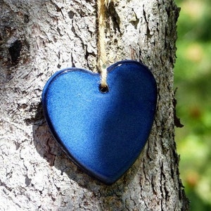 May include: A blue heart-shaped ornament hanging from a tree trunk with a string.