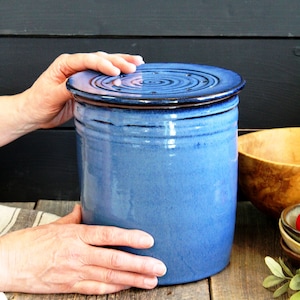 Puede incluir: Un tarro de cer&aacute;mica azul con tapa. La tapa tiene una serie de peque&ntilde;os agujeros. El tarro est&aacute; esmaltado en un color azul claro y tiene un borde marr&oacute;n.