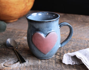 Heart mug – Pottery medium rounded coffee mug, 400 ml pottery mug, Latte mug, Modern love mug, Ceramic, Stoneware, Handmade, Wheel thrown